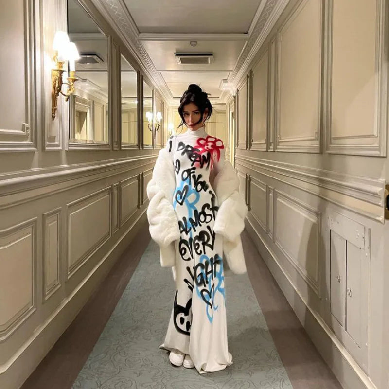Women's Fashionable High-neck Color-blocked Graffiti Long-sleeved Hip-hugging Close-fitting Long Dress