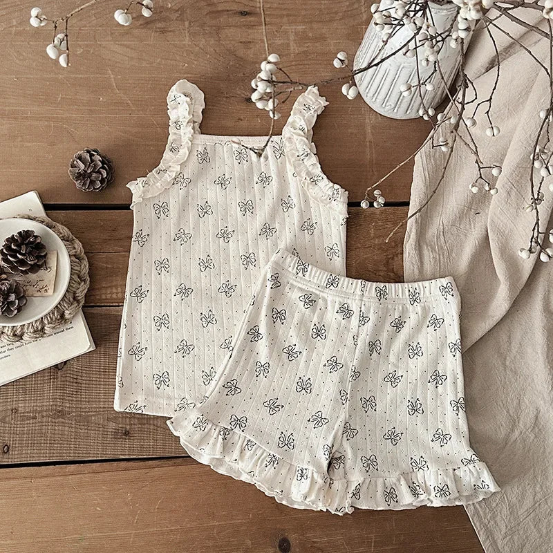 2025 Summer 2PCS Korean Ruffled Sleeveless Knitted Suspender Floral Clothing Set for 0-4 Years 100% Cotton Chic Straps Vest Suit