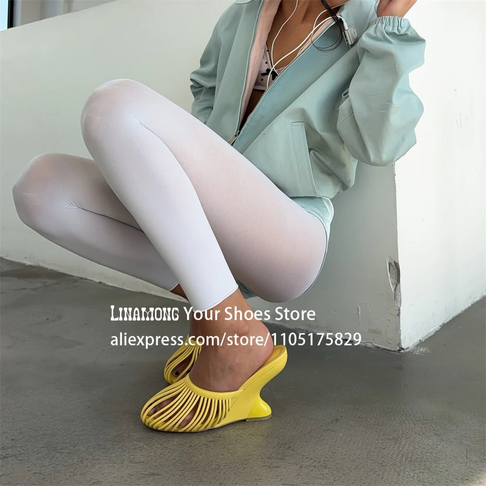 Metallic Leather Cage Mules Novelty Strange Wedge Heel Slippers Designer Style Slip on Summer Shoes Custom Multicolor Slippers