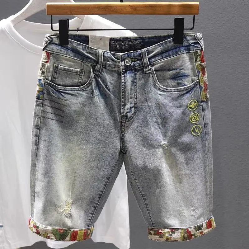 2025 Elastic five-point denim shorts men's summer embroidery Korean version loose straight slim casual Korean version