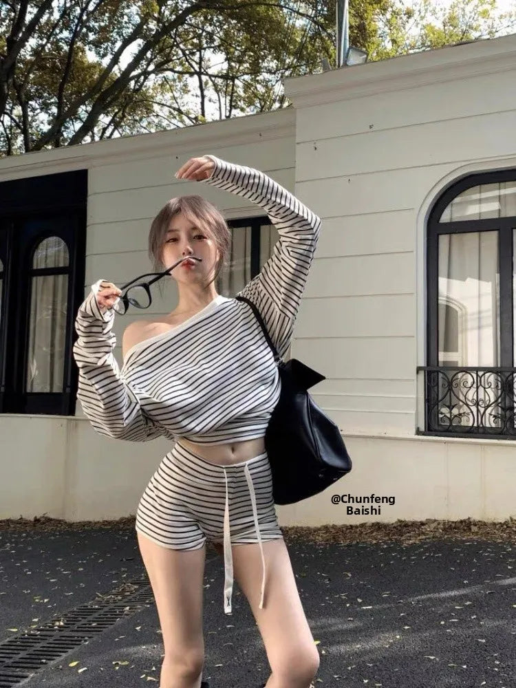 Summer New Sweet Striped Shoulder Bared Long Sleeve Sleepwear Women's Sexy Cute Home Clothes Set Korean Style Cotton Polyester