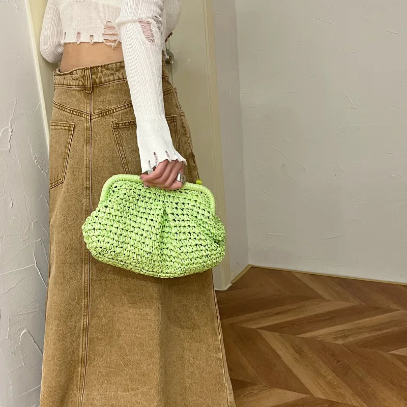 Gusure Summer Designer Shoulder Crossbody Bag Straw Weaving Clutch Purse  Women Dumpling Crossbody Beach Bag Fashon Cloud Pouch