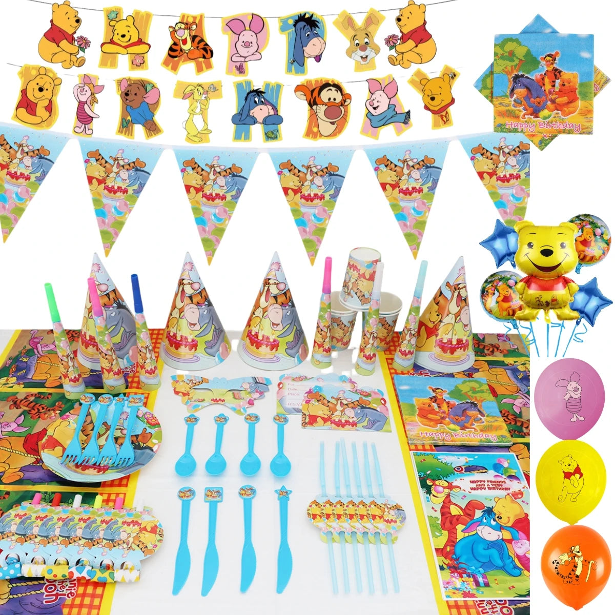 Winnie The Pooh Cartoon Birthday Party Balloon Decoration Children's Tableware Set Backpack Background Flag Stickers Balloon Set