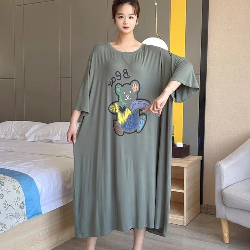 Women's Casual Long Nightdress 2026 Summer Thin Short-Sleeved Pajamas Dress Female Fashion Loose Home Clothes Dress