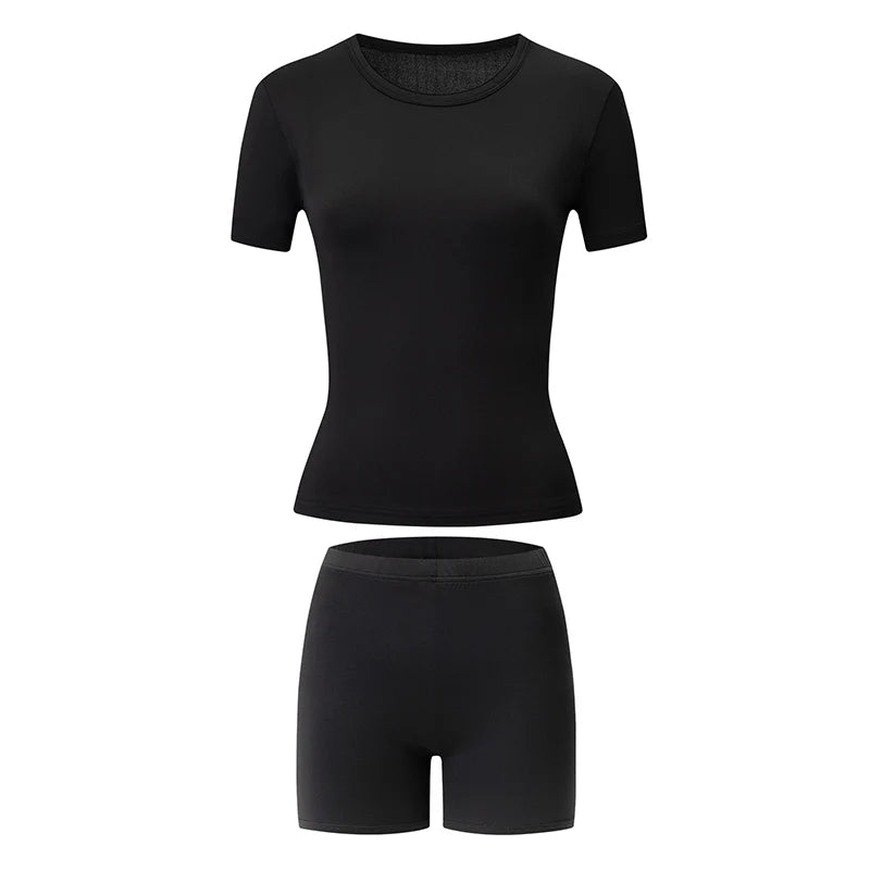 2-Piece Women's Summer Solid Color Casual Sports Short Sleeved Shorts Set Round Neck Base T-shirt And Safety Leggings Home Set