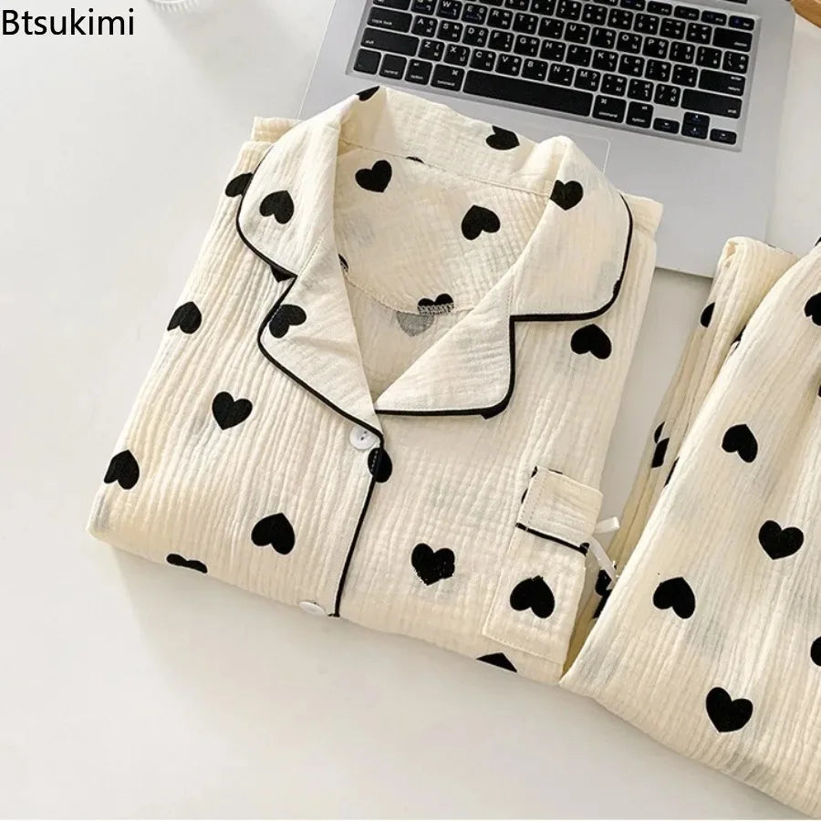 Women's Love Print Pure Cotton Pajamas Set Summer Short Sleeve Top and Long Pants Sleepwear 3PCS for Women Home Casual Pajamas