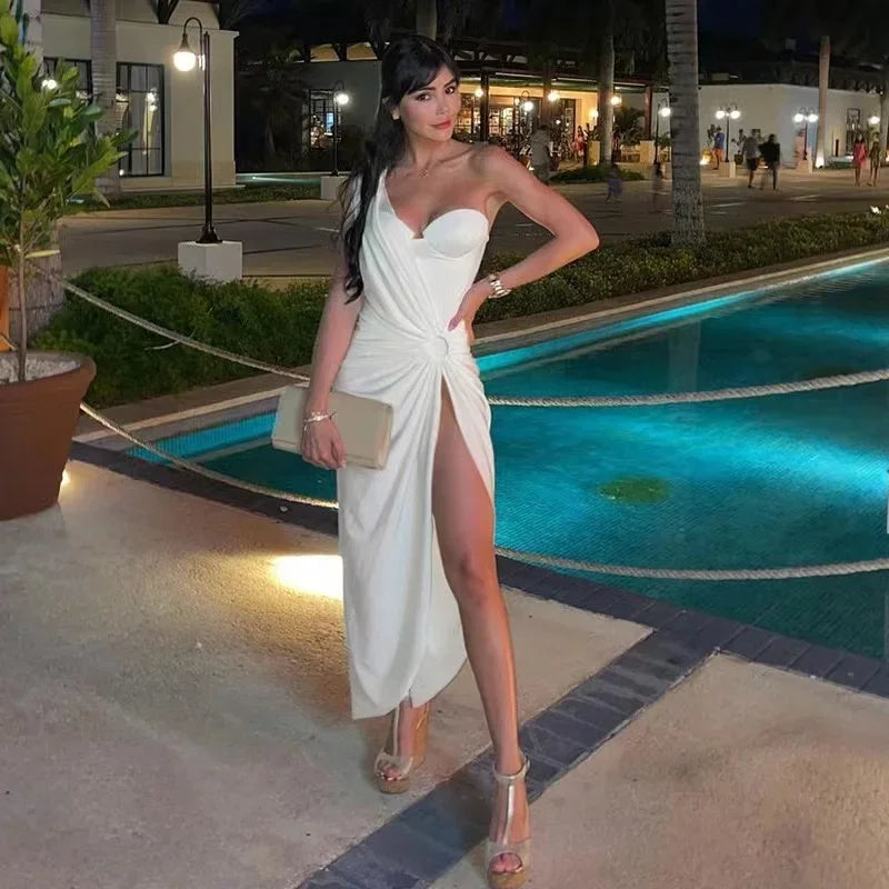 2024 New Hollow Out Summer Beach Party Slim Dress Women Elegant White One Shoulder Sleeveless Y2K Sexy Bodycon Long Dresses