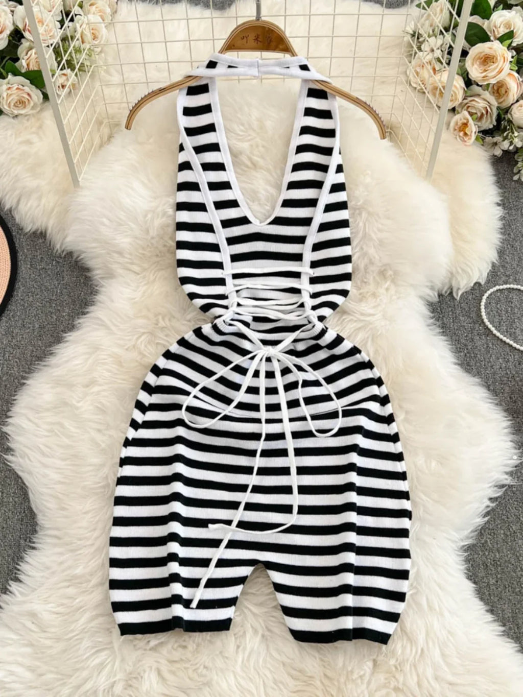 Foamlina American Women's Summer Strap Backless Striped Jumpsuit Top Girl's Slim Bodycon Design Short Pants Bodysuit