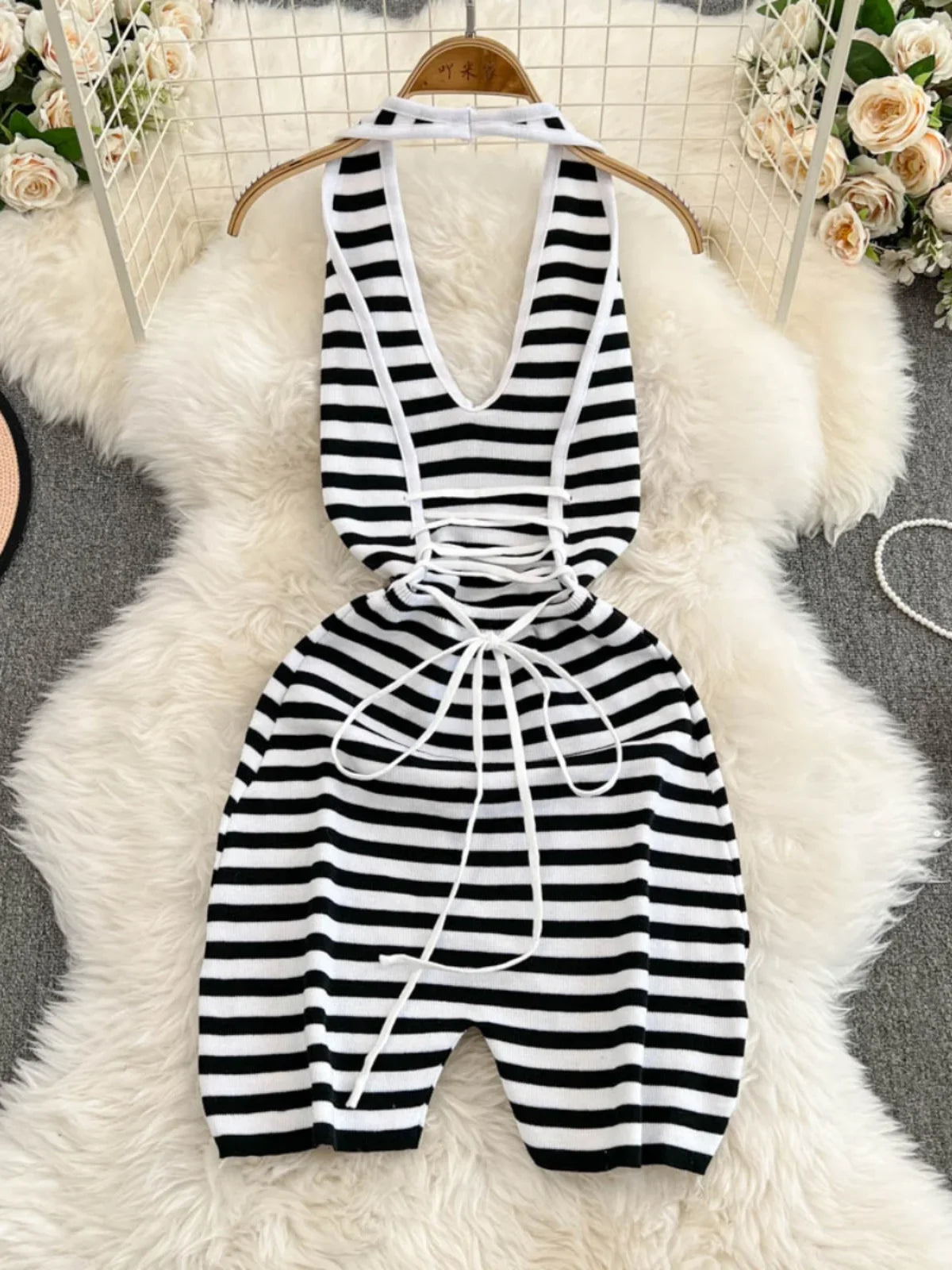 Foamlina American Women's Summer Strap Backless Striped Jumpsuit Top Girl's Slim Bodycon Design Short Pants Bodysuit