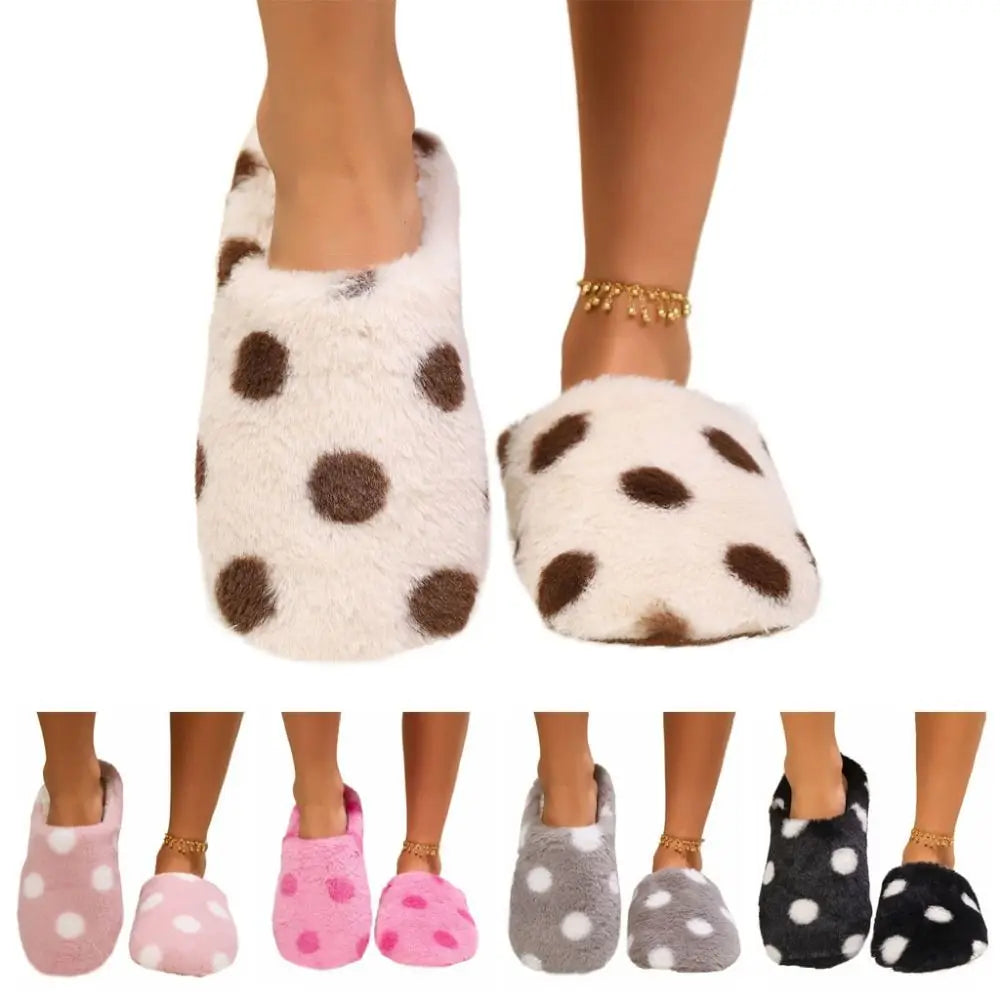 Elegant Soft Sole Plush Slide Slippers Lightweight Anti-slip Dots Fur Slipper Patchwork Casual House Flat Shoes Winter
