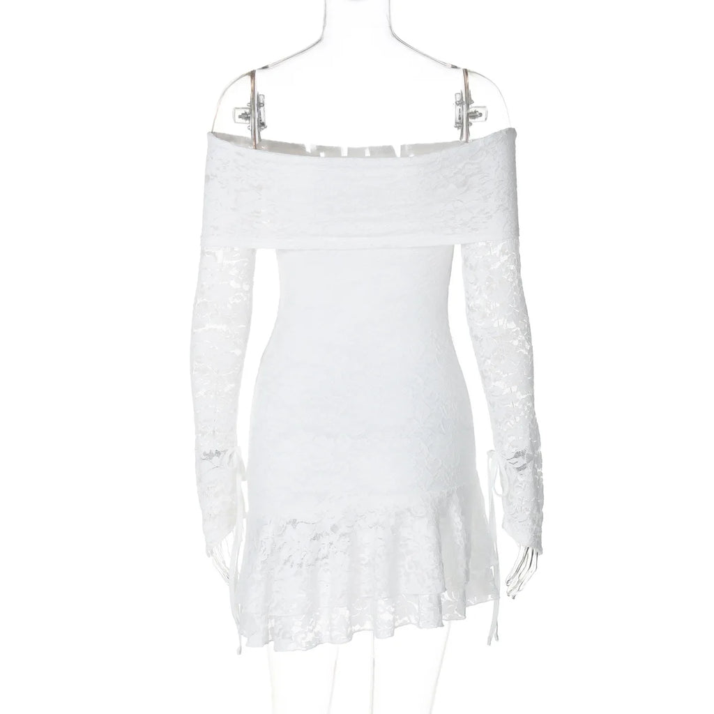 Women's Clothing 2026 Spring New Fashionable and Sexy One-word Collar Hollow Lace Long-sleeved Streamer Skirt