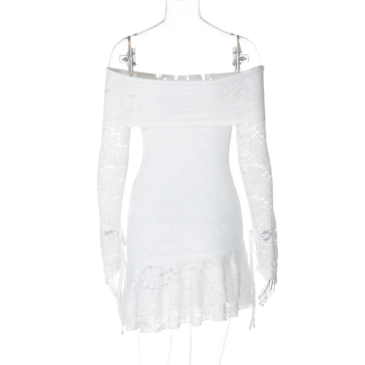 Women's Clothing 2026 Spring New Fashionable and Sexy One-word Collar Hollow Lace Long-sleeved Streamer Skirt