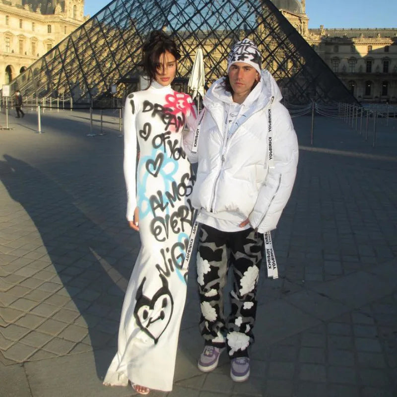 Women's Fashionable High-neck Color-blocked Graffiti Long-sleeved Hip-hugging Close-fitting Long Dress