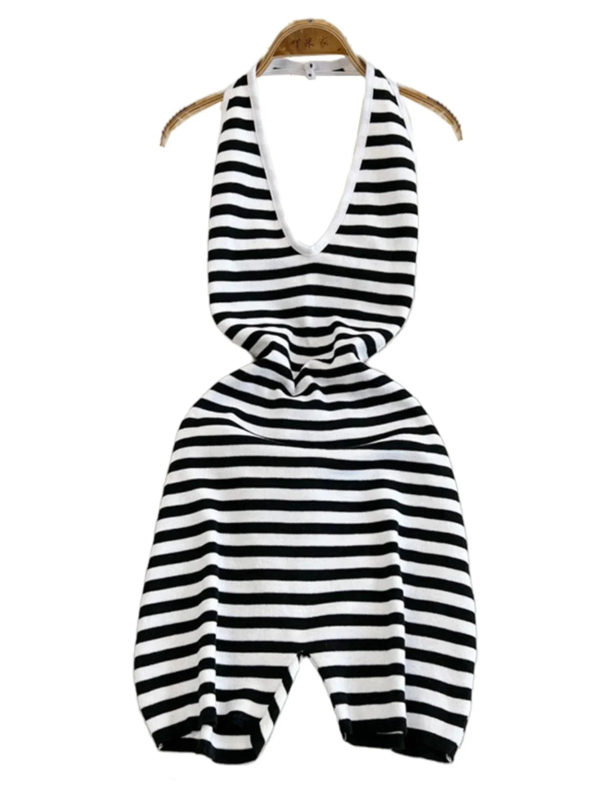 Foamlina American Women's Summer Strap Backless Striped Jumpsuit Top Girl's Slim Bodycon Design Short Pants Bodysuit