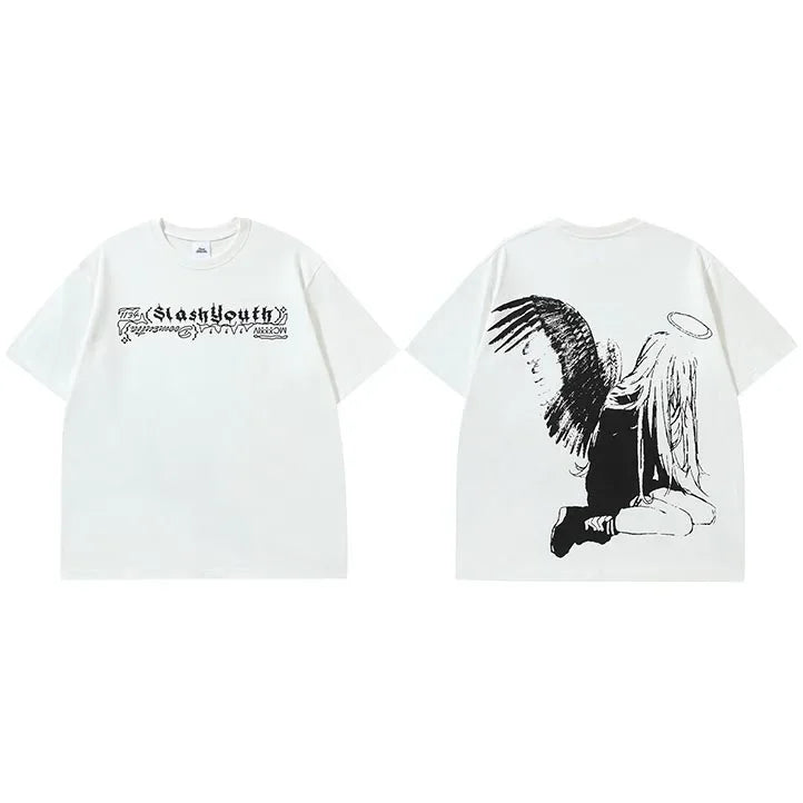 Men Tshirt Streetwear Japanese Harajuku Cartoon Angel Wings Graphic T-Shirt Summer 2025 HipHop T Shirt Anime Tops Tee Cotton Y2K