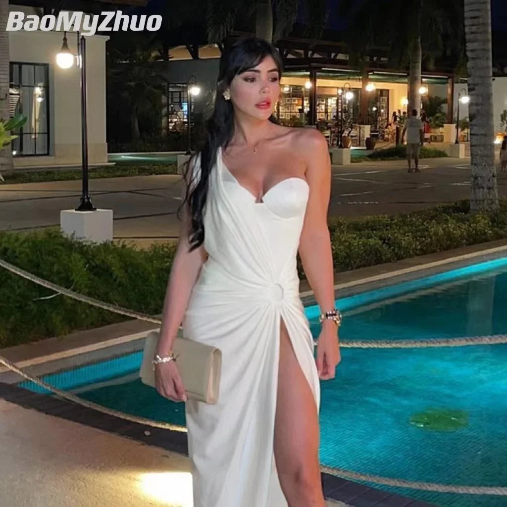 2024 New Hollow Out Summer Beach Party Slim Dress Women Elegant White One Shoulder Sleeveless Y2K Sexy Bodycon Long Dresses