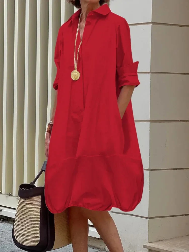 Yeezzi Women's Lapel Shirts Dress 2025 New Spring Summer Long Sleeves Loose Solid Color Casual Going Out Office Midi Dresses