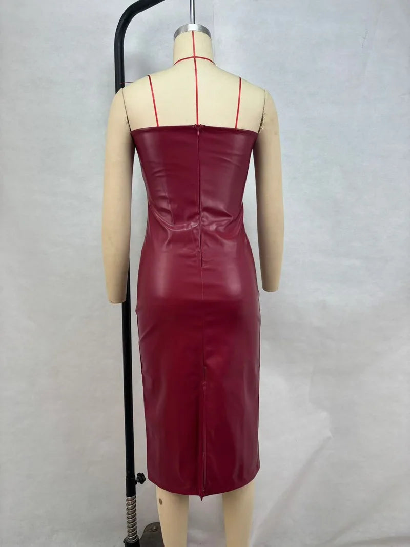Sexy tube top dress. Leather, solid color temperament, split ends, slim fit.