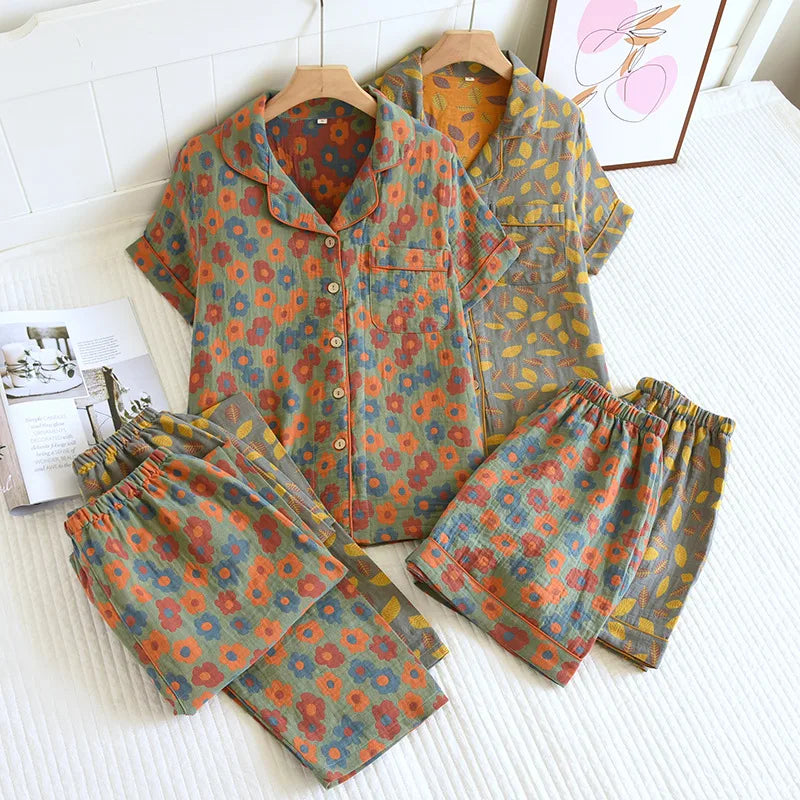 2026 New Spring/Summer Pajamas Three Piece Set Thin 100%Cotton Crepe Ladies Short Sleeves+Shorts+Pants Flip Collar Home Suit Set