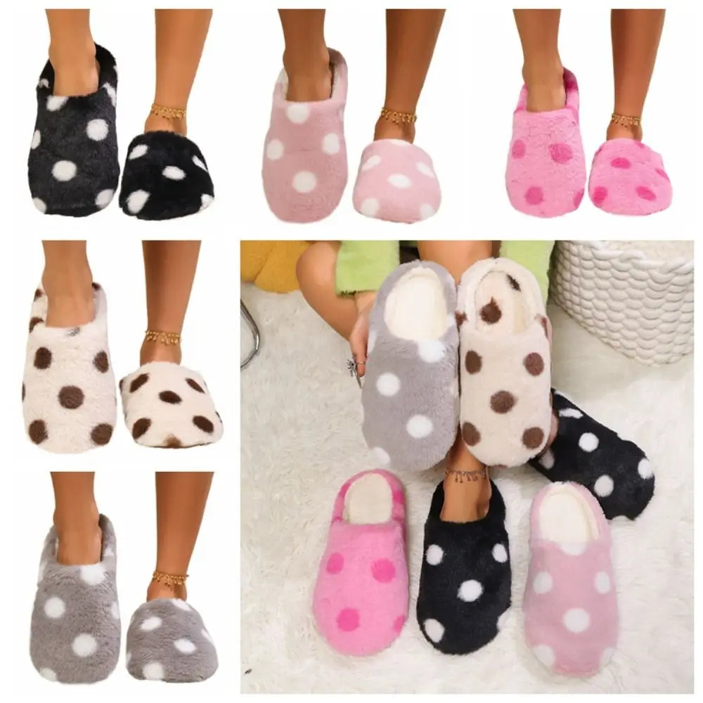 Elegant Soft Sole Plush Slide Slippers Lightweight Anti-slip Dots Fur Slipper Slippers Women Patchwork House Flat Shoes Bedroom