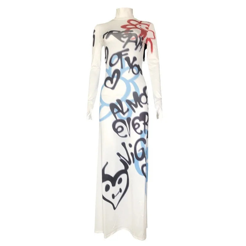 Women's Fashionable High-neck Color-blocked Graffiti Long-sleeved Hip-hugging Close-fitting Long Dress