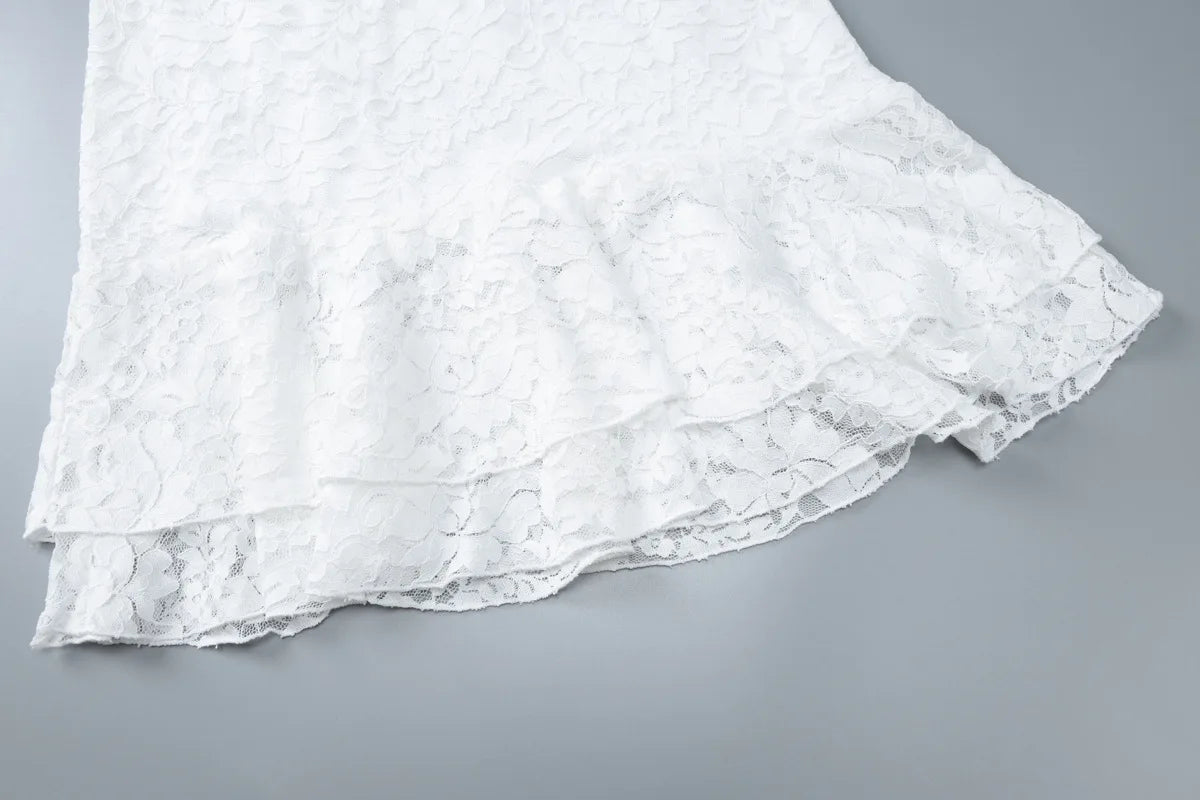 Women's Clothing 2026 Spring New Fashionable and Sexy One-word Collar Hollow Lace Long-sleeved Streamer Skirt