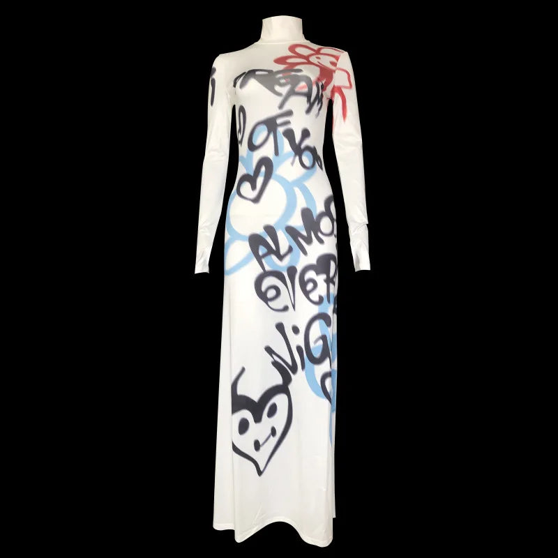 Women's Fashionable High-neck Color-blocked Graffiti Long-sleeved Hip-hugging Close-fitting Long Dress