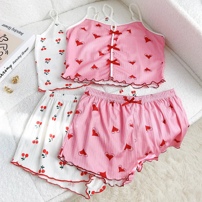 Women's Summer Spaghetti Strap Top and Shorts Pajama Sets Ladies Cherry Heart Print Sleepwear Cute Bowknot Sexy Loungewear S-XL