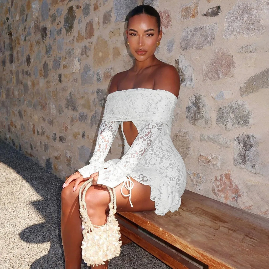 Women's Clothing 2026 Spring New Fashionable and Sexy One-word Collar Hollow Lace Long-sleeved Streamer Skirt