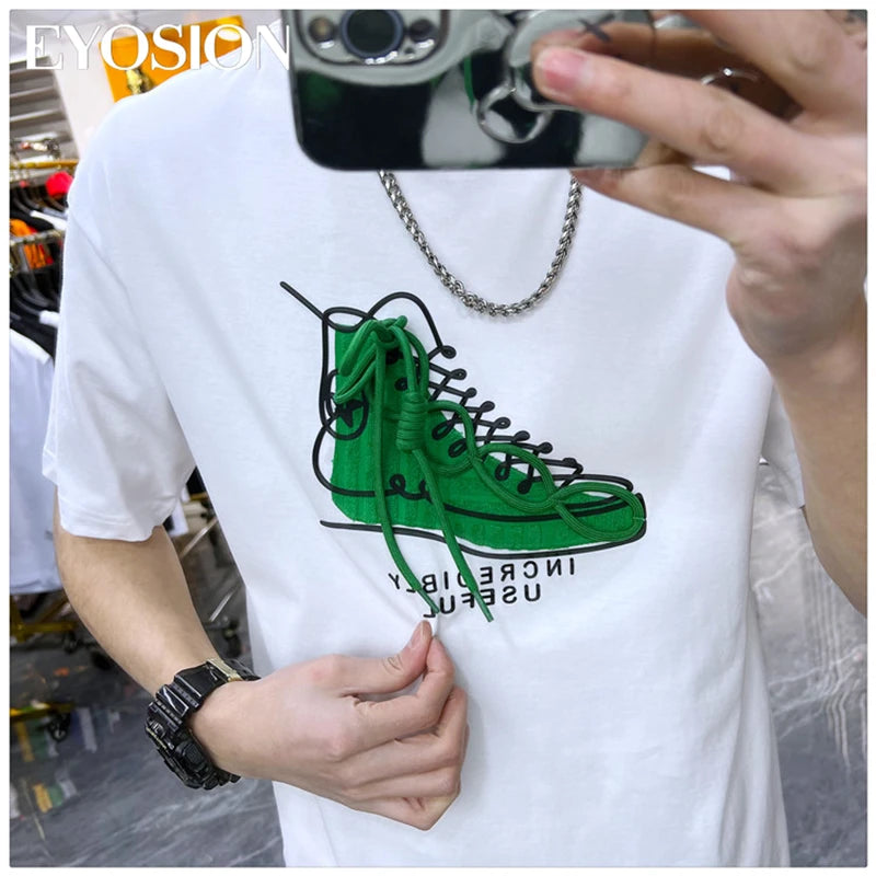 Men T-shirt Designer Brand Shoe Print Round Neck T Shirts Korean Fashion Pure Cotton Tee Unisex Trend Tops