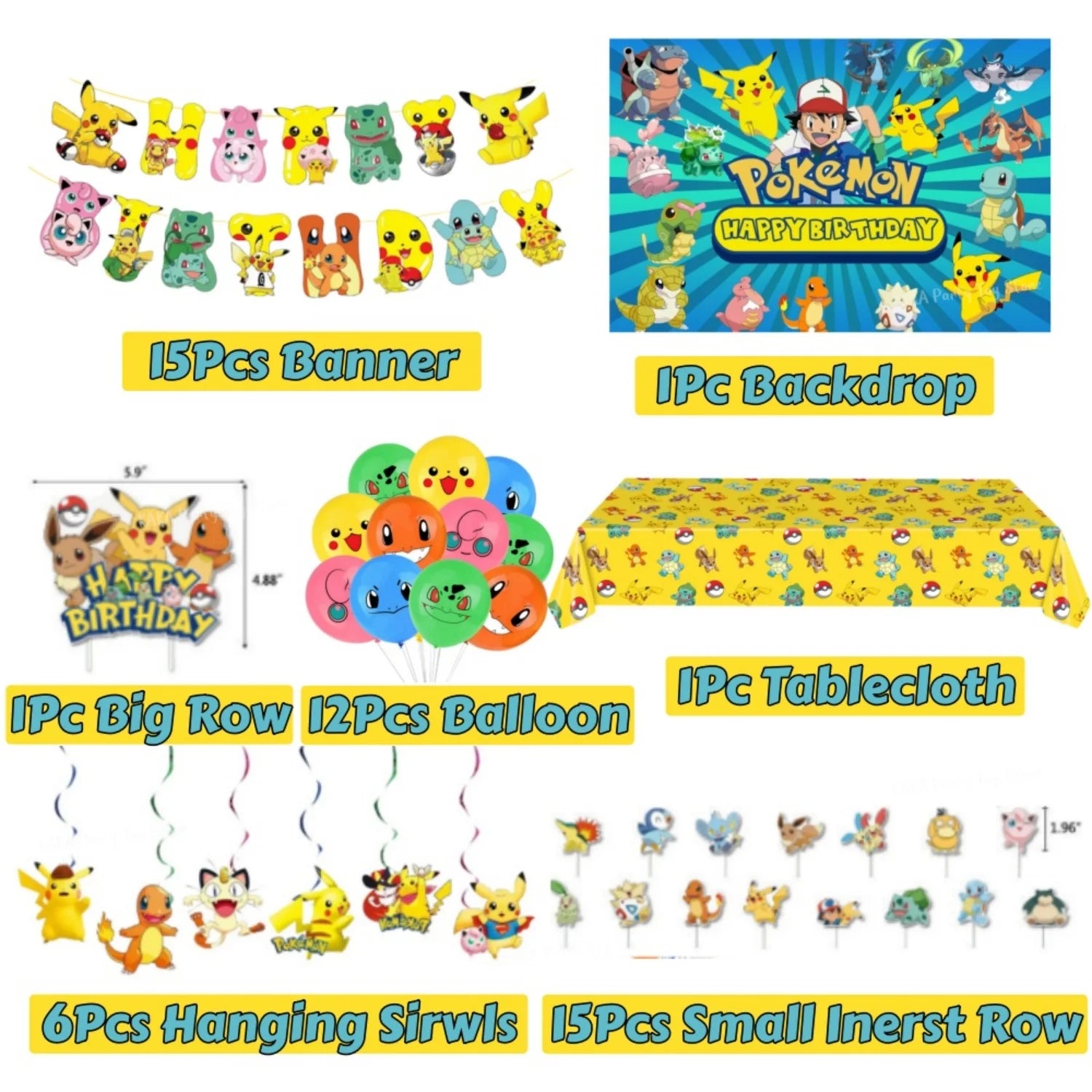 Pokemon Birthday Party Decoration Cartoon Theme Tableware Set with Cups Plates Napkins Pikachu Balloons Banner Kids Party Favors