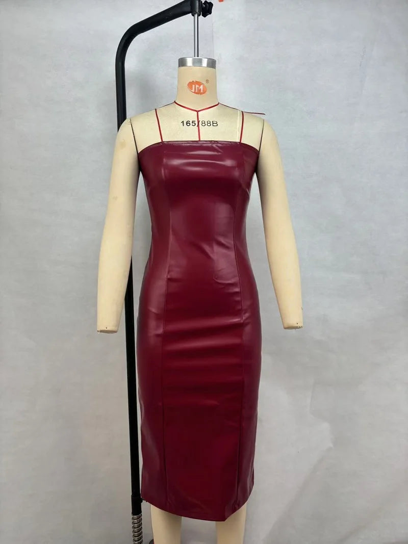 Sexy tube top dress. Leather, solid color temperament, split ends, slim fit.