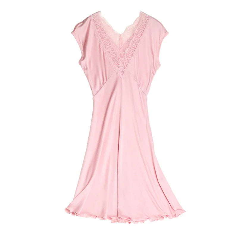 Summer Pajamas Thin Mulberry Silk Knitted V-neck Nightgown Women's Lace Sexy Sleeveless Silk Bottom Skirt Home Clothes