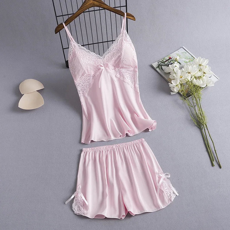 2 Pieces Cami&Shorts Sleep Set Women Pajamas Suit Sexy Lace Home Clothes V-Neck Sleepwear Lounge Wear Summer Nightwear