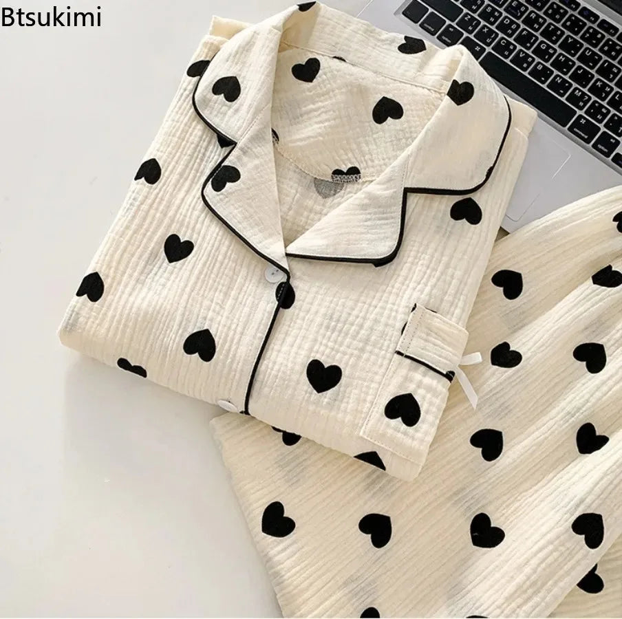 Women's Love Print Pure Cotton Pajamas Set Summer Short Sleeve Top and Long Pants Sleepwear 3PCS for Women Home Casual Pajamas