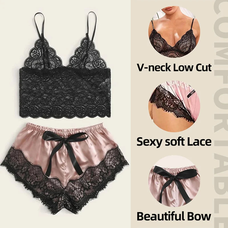 Women's 2 Piece Sexy Lace Pajama Set See-through Bralette Cami Top And Shorts Breathable Sleepwear Plus Size Summer Lingerie