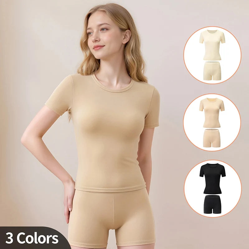 2-Piece Women's Summer Solid Color Casual Sports Short Sleeved Shorts Set Round Neck Base T-shirt And Safety Leggings Home Set