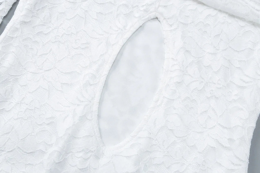 Women's Clothing 2026 Spring New Fashionable and Sexy One-word Collar Hollow Lace Long-sleeved Streamer Skirt