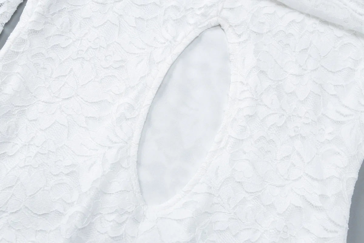 Women's Clothing 2026 Spring New Fashionable and Sexy One-word Collar Hollow Lace Long-sleeved Streamer Skirt