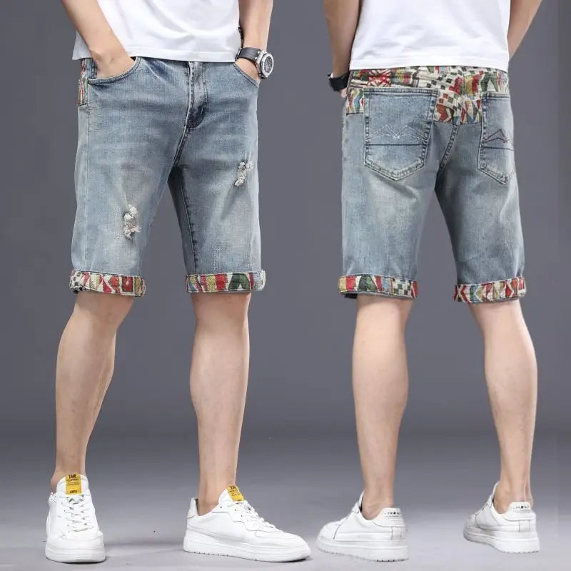 2025 Elastic five-point denim shorts men's summer embroidery Korean version loose straight slim casual Korean version