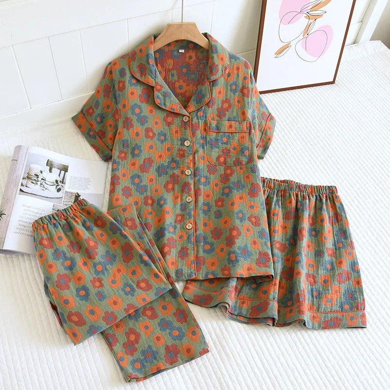2026 New Spring/Summer Pajamas Three Piece Set Thin 100%Cotton Crepe Ladies Short Sleeves+Shorts+Pants Flip Collar Home Suit Set