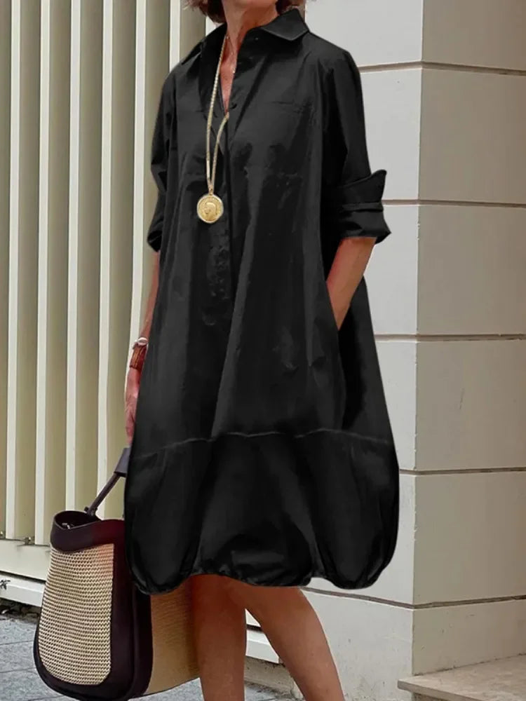 Yeezzi Women's Lapel Shirts Dress 2025 New Spring Summer Long Sleeves Loose Solid Color Casual Going Out Office Midi Dresses
