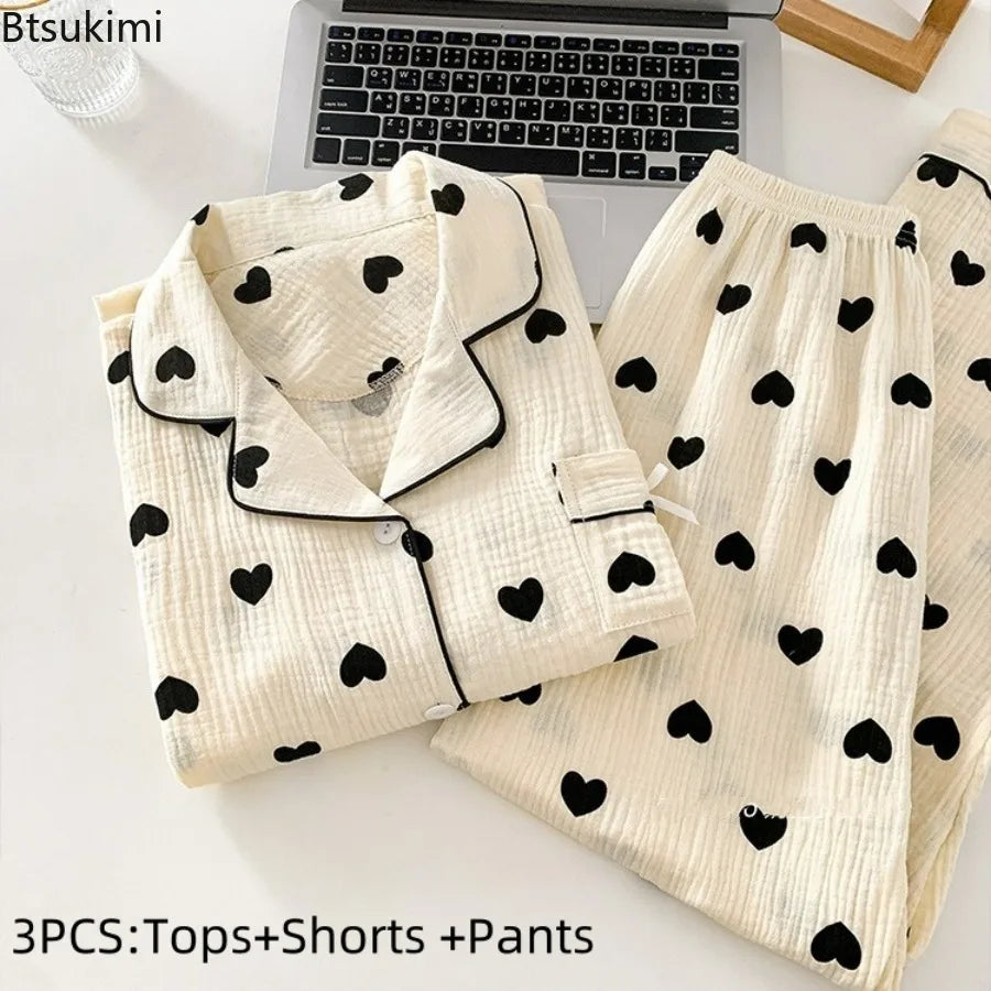 Women's Love Print Pure Cotton Pajamas Set Summer Short Sleeve Top and Long Pants Sleepwear 3PCS for Women Home Casual Pajamas